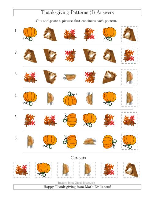 The Thanksgiving Picture Patterns with Shape and Rotation Attributes (I) Math Worksheet Page 2