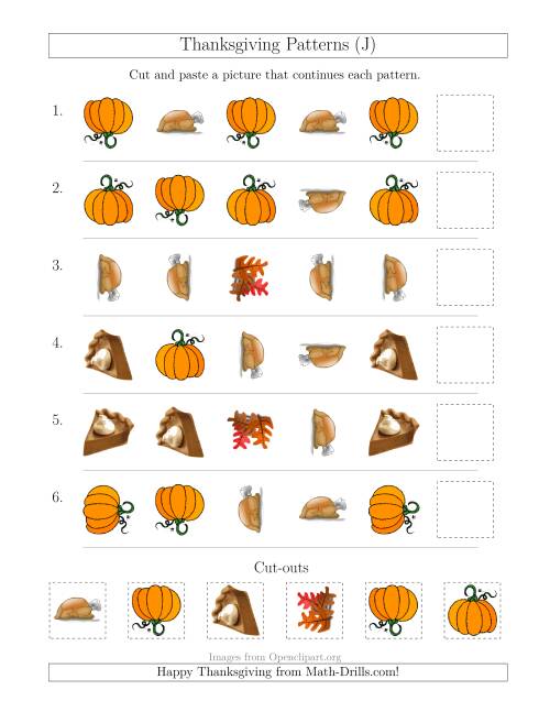 The Thanksgiving Picture Patterns with Shape and Rotation Attributes (J) Math Worksheet