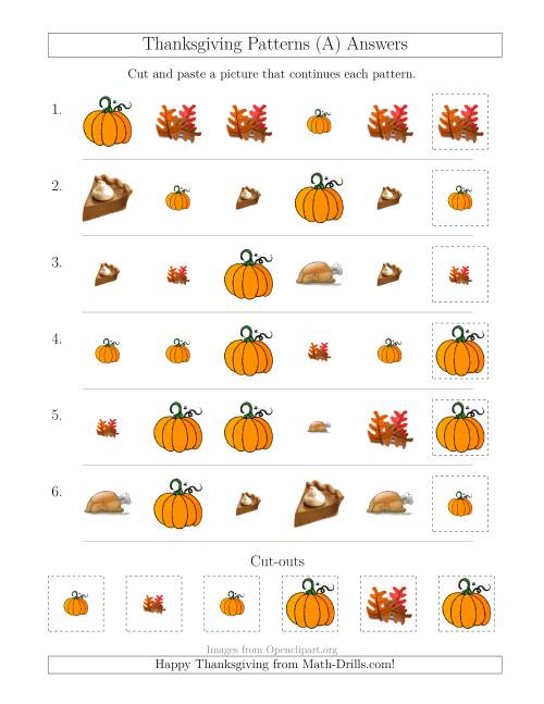 The Thanksgiving Picture Patterns with Size and Shape Attributes (A) Math Worksheet Page 2