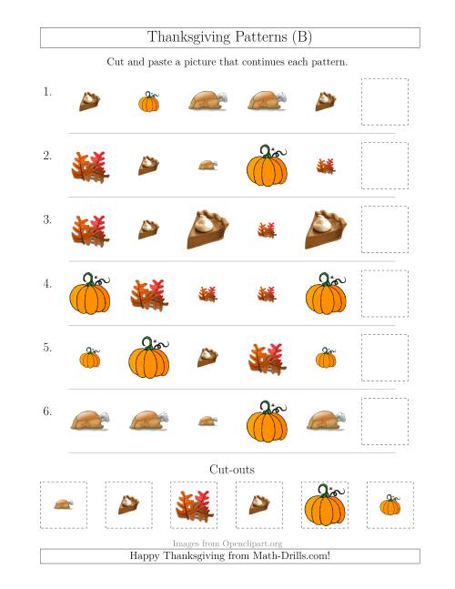 The Thanksgiving Picture Patterns with Size and Shape Attributes (B) Math Worksheet