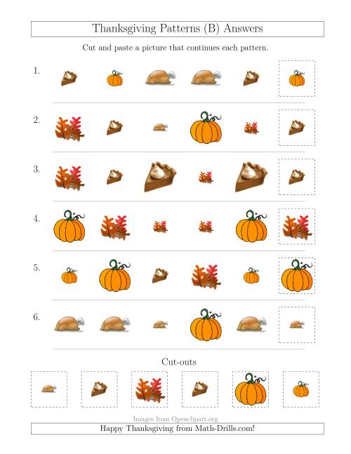 The Thanksgiving Picture Patterns with Size and Shape Attributes (B) Math Worksheet Page 2