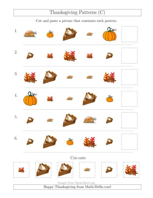 The Thanksgiving Picture Patterns with Size and Shape Attributes (C) Math Worksheet