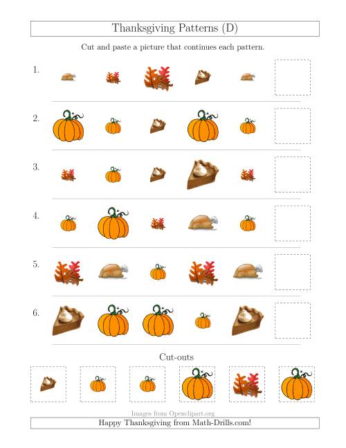 The Thanksgiving Picture Patterns with Size and Shape Attributes (D) Math Worksheet