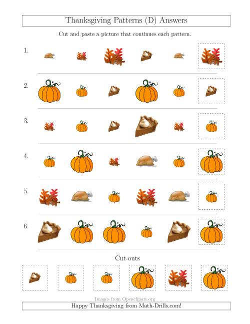 The Thanksgiving Picture Patterns with Size and Shape Attributes (D) Math Worksheet Page 2