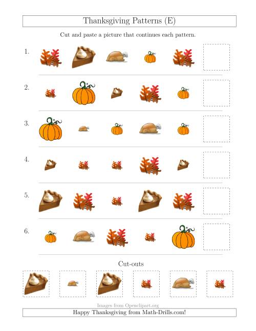 The Thanksgiving Picture Patterns with Size and Shape Attributes (E) Math Worksheet