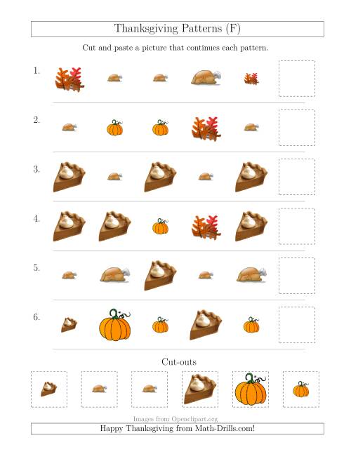 The Thanksgiving Picture Patterns with Size and Shape Attributes (F) Math Worksheet