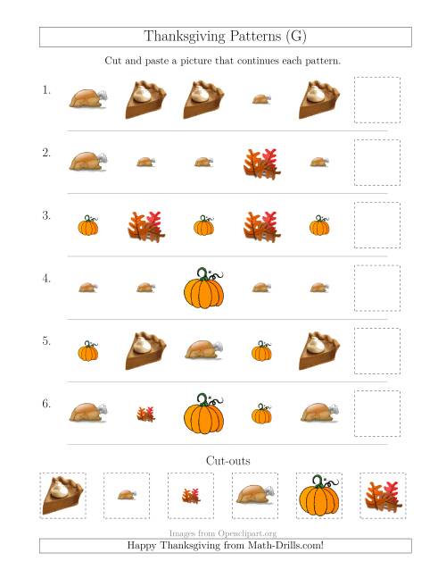 The Thanksgiving Picture Patterns with Size and Shape Attributes (G) Math Worksheet
