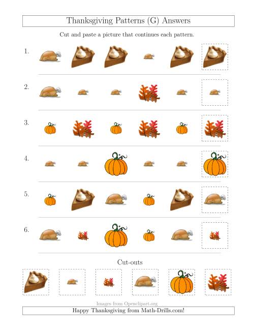 The Thanksgiving Picture Patterns with Size and Shape Attributes (G) Math Worksheet Page 2