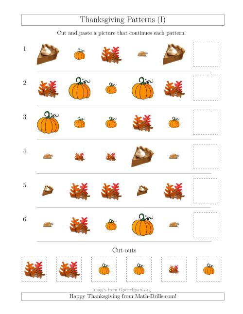 The Thanksgiving Picture Patterns with Size and Shape Attributes (I) Math Worksheet