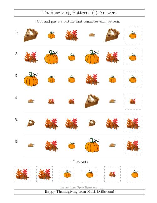 The Thanksgiving Picture Patterns with Size and Shape Attributes (I) Math Worksheet Page 2