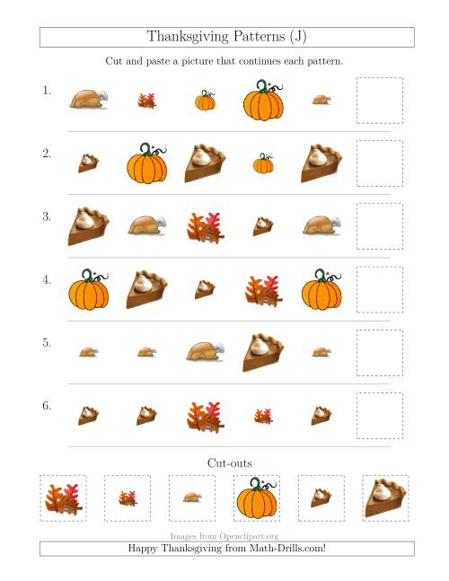 The Thanksgiving Picture Patterns with Size and Shape Attributes (J) Math Worksheet