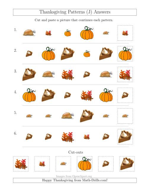The Thanksgiving Picture Patterns with Size and Shape Attributes (J) Math Worksheet Page 2