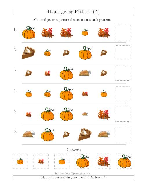 The Thanksgiving Picture Patterns with Size and Shape Attributes (All) Math Worksheet