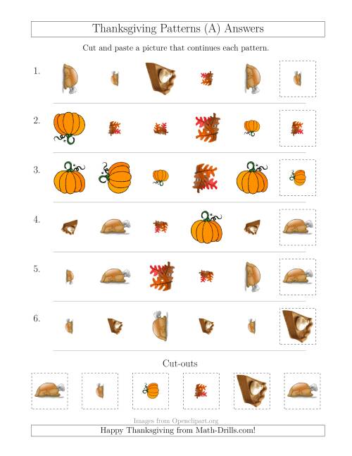 The Thanksgiving Picture Patterns with Shape, Size and Rotation Attributes (A) Math Worksheet Page 2