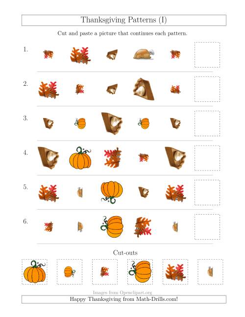 The Thanksgiving Picture Patterns with Shape, Size and Rotation Attributes (I) Math Worksheet