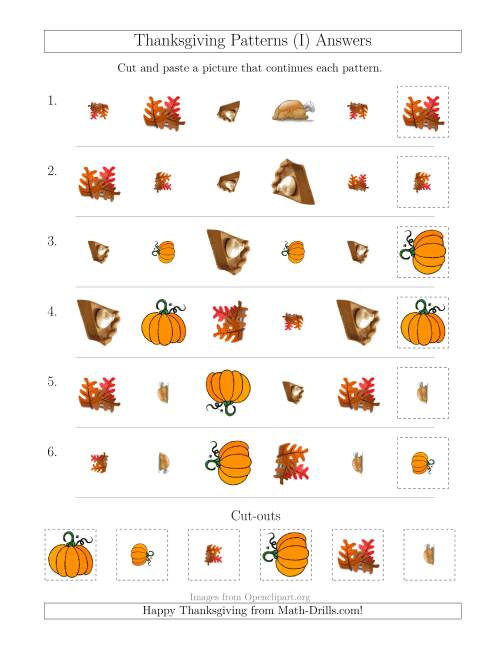 The Thanksgiving Picture Patterns with Shape, Size and Rotation Attributes (I) Math Worksheet Page 2