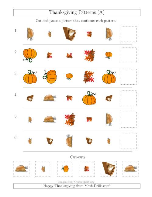 The Thanksgiving Picture Patterns with Shape, Size and Rotation Attributes (All) Math Worksheet