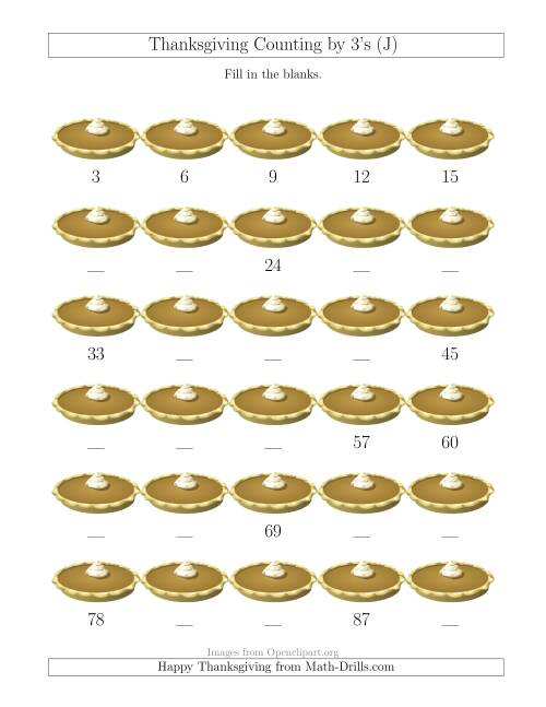 The Skip Counting by 3's (J) Math Worksheet