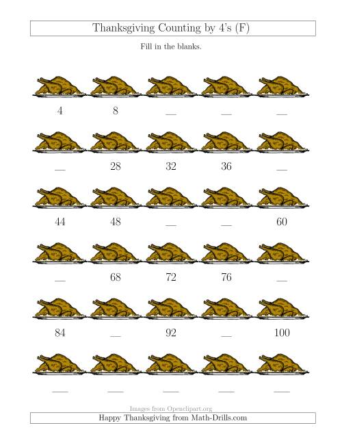 The Skip Counting by 4's (F) Math Worksheet