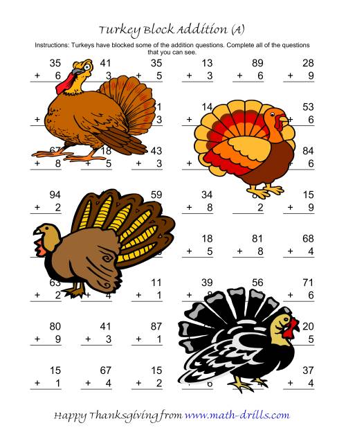 The Turkey Block Addition (Two-Digit Plus One-Digit) (A) Math Worksheet