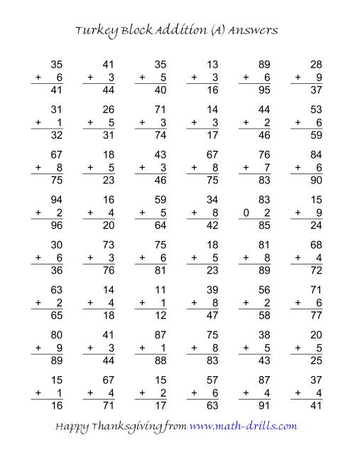 The Turkey Block Addition (Two-Digit Plus One-Digit) (A) Math Worksheet Page 2