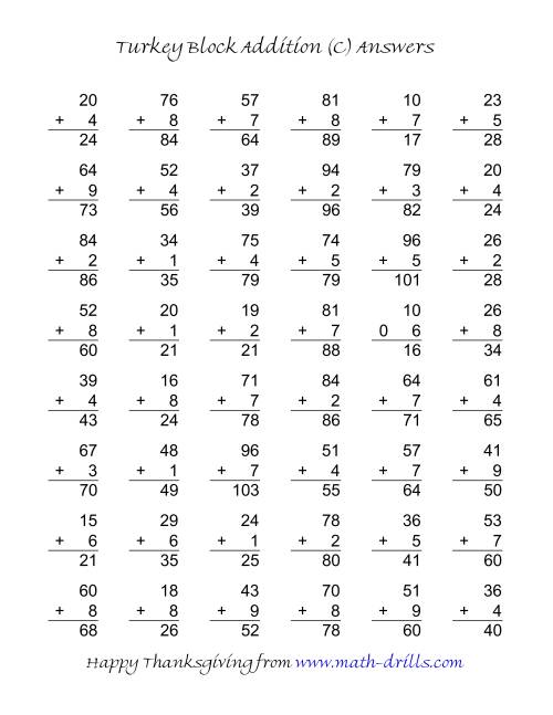 The Turkey Block Addition (Two-Digit Plus One-Digit) (C) Math Worksheet Page 2