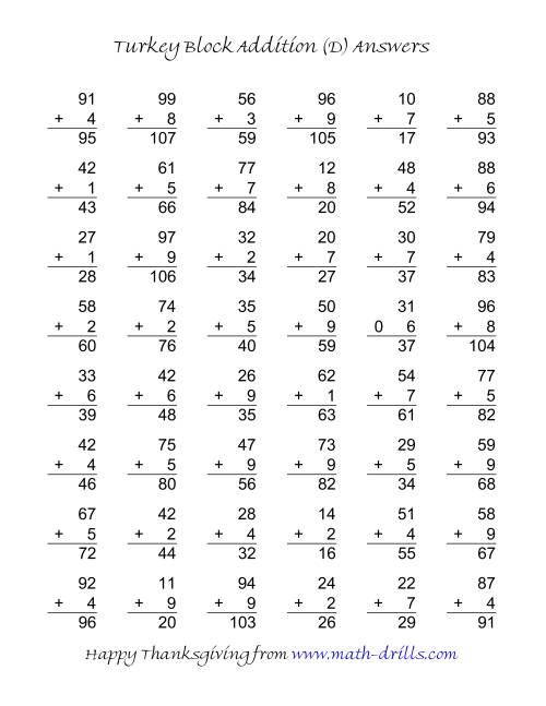 The Turkey Block Addition (Two-Digit Plus One-Digit) (D) Math Worksheet Page 2