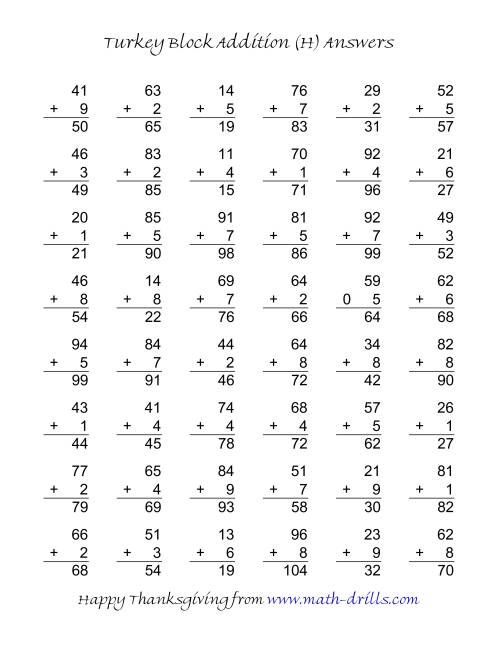 The Turkey Block Addition (Two-Digit Plus One-Digit) (H) Math Worksheet Page 2