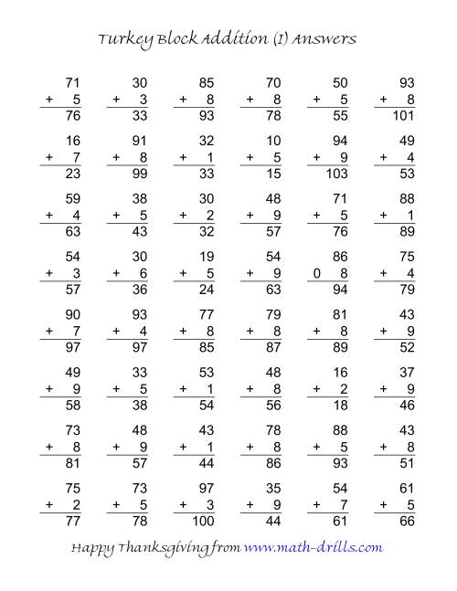 The Turkey Block Addition (Two-Digit Plus One-Digit) (I) Math Worksheet Page 2