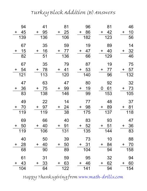 The Turkey Block Addition (Two-Digit Plus Two-Digit) (B) Math Worksheet Page 2