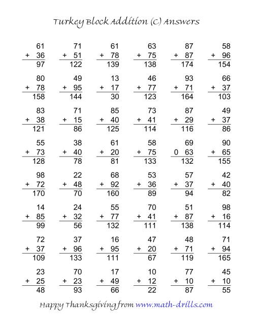 The Turkey Block Addition (Two-Digit Plus Two-Digit) (C) Math Worksheet Page 2