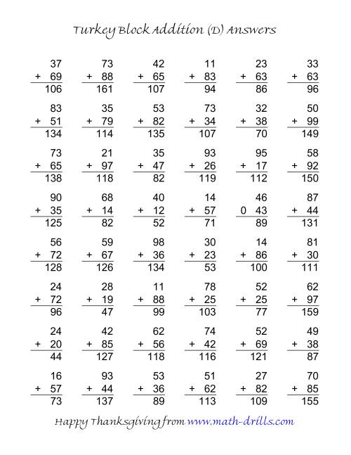 The Turkey Block Addition (Two-Digit Plus Two-Digit) (D) Math Worksheet Page 2