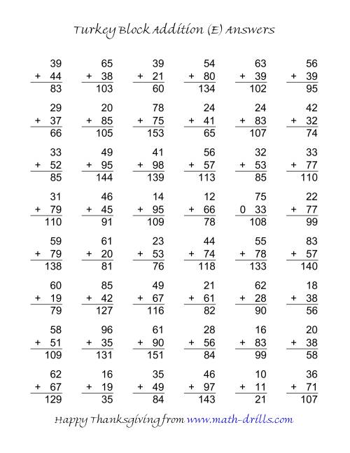 The Turkey Block Addition (Two-Digit Plus Two-Digit) (E) Math Worksheet Page 2