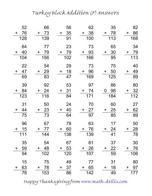 The Turkey Block Addition (Two-Digit Plus Two-Digit) (F) Math Worksheet Page 2