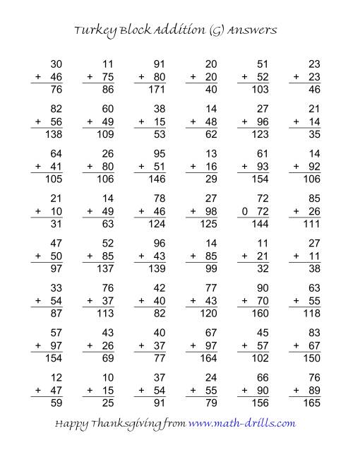 The Turkey Block Addition (Two-Digit Plus Two-Digit) (G) Math Worksheet Page 2