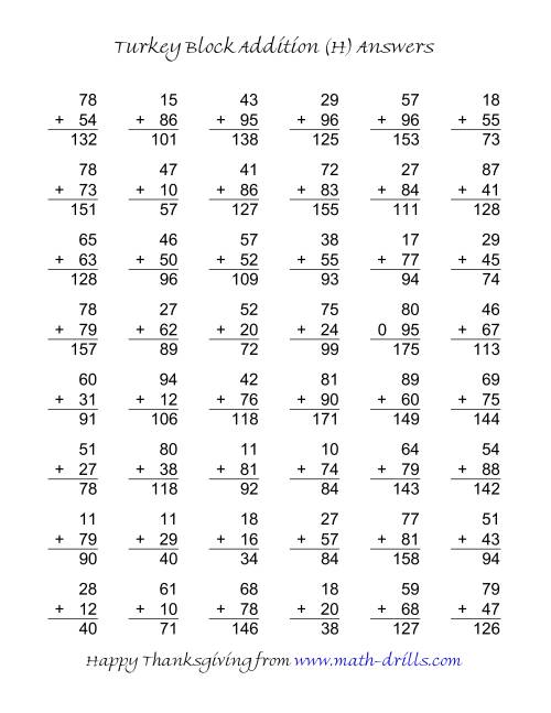 The Turkey Block Addition (Two-Digit Plus Two-Digit) (H) Math Worksheet Page 2