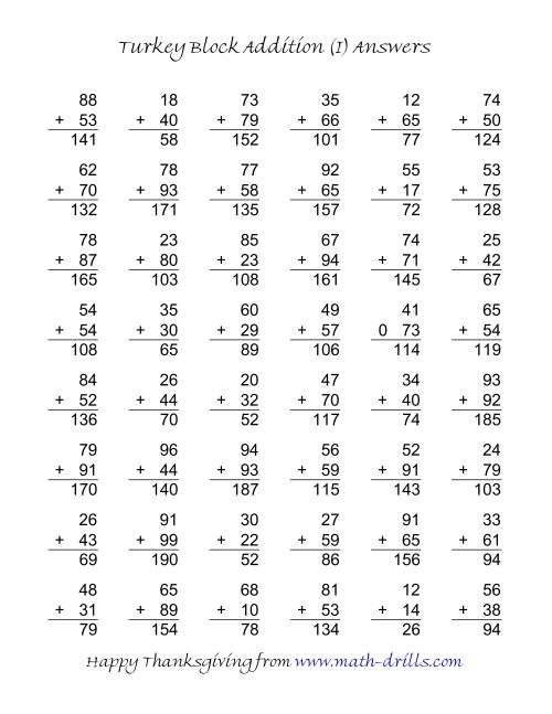 The Turkey Block Addition (Two-Digit Plus Two-Digit) (I) Math Worksheet Page 2