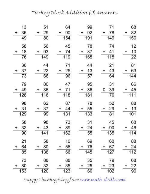 The Turkey Block Addition (Two-Digit Plus Two-Digit) (J) Math Worksheet Page 2