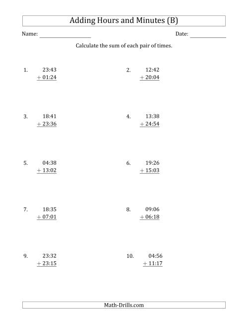 The Adding Hours and Minutes (Compact Format) (B) Math Worksheet