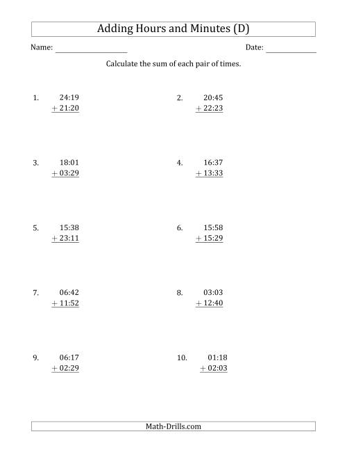 The Adding Hours and Minutes (Compact Format) (D) Math Worksheet
