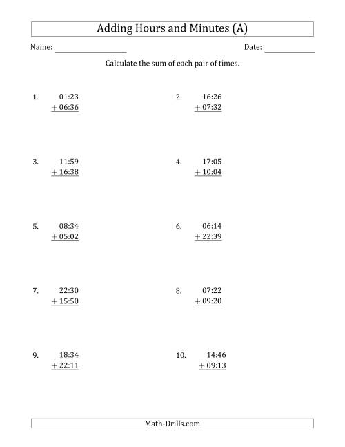 The Adding Hours and Minutes (Compact Format) (All) Math Worksheet
