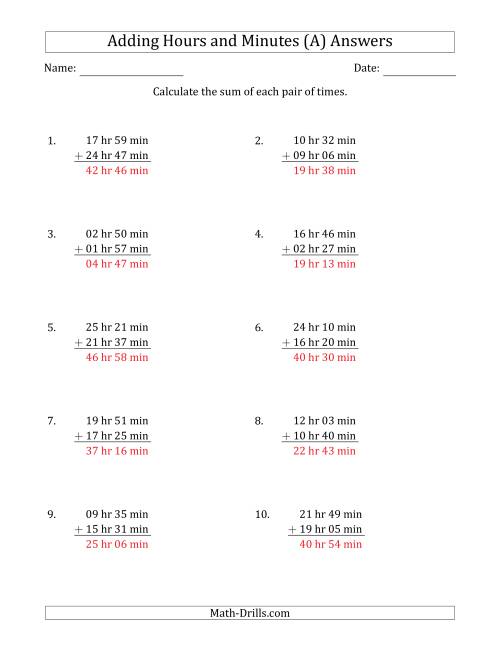 The Adding Hours and Minutes (Long Format) (A) Math Worksheet Page 2