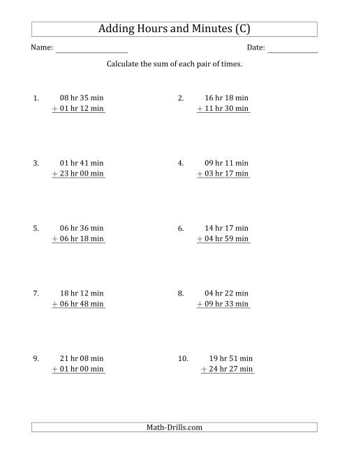 The Adding Hours and Minutes (Long Format) (C) Math Worksheet