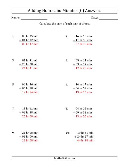 The Adding Hours and Minutes (Long Format) (C) Math Worksheet Page 2