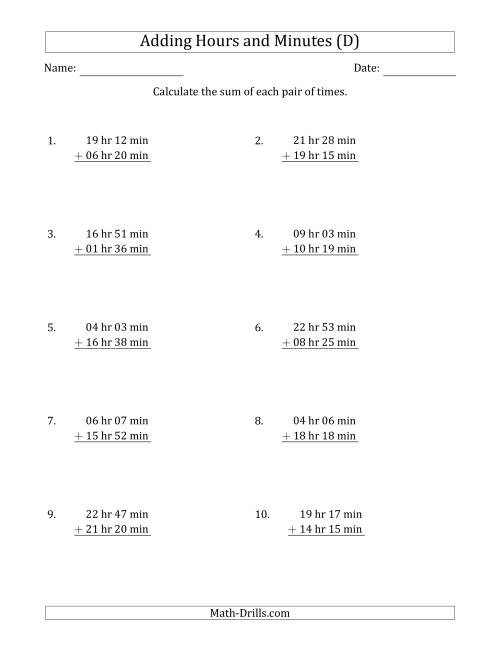 The Adding Hours and Minutes (Long Format) (D) Math Worksheet