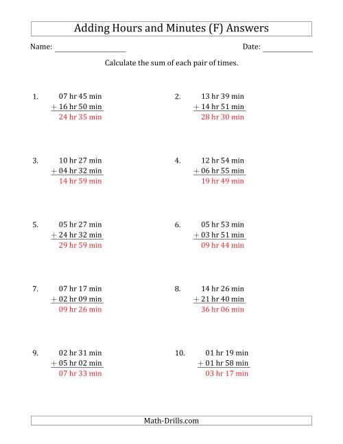 The Adding Hours and Minutes (Long Format) (F) Math Worksheet Page 2