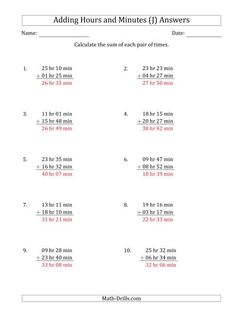 The Adding Hours and Minutes (Long Format) (J) Math Worksheet Page 2
