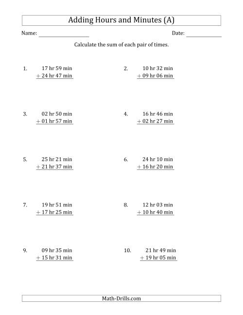 The Adding Hours and Minutes (Long Format) (All) Math Worksheet