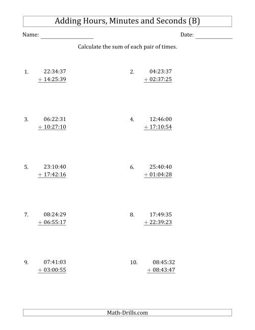 The Adding Hours, Minutes and Seconds (Compact Format) (B) Math Worksheet