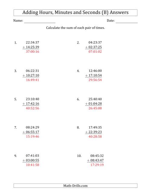 The Adding Hours, Minutes and Seconds (Compact Format) (B) Math Worksheet Page 2